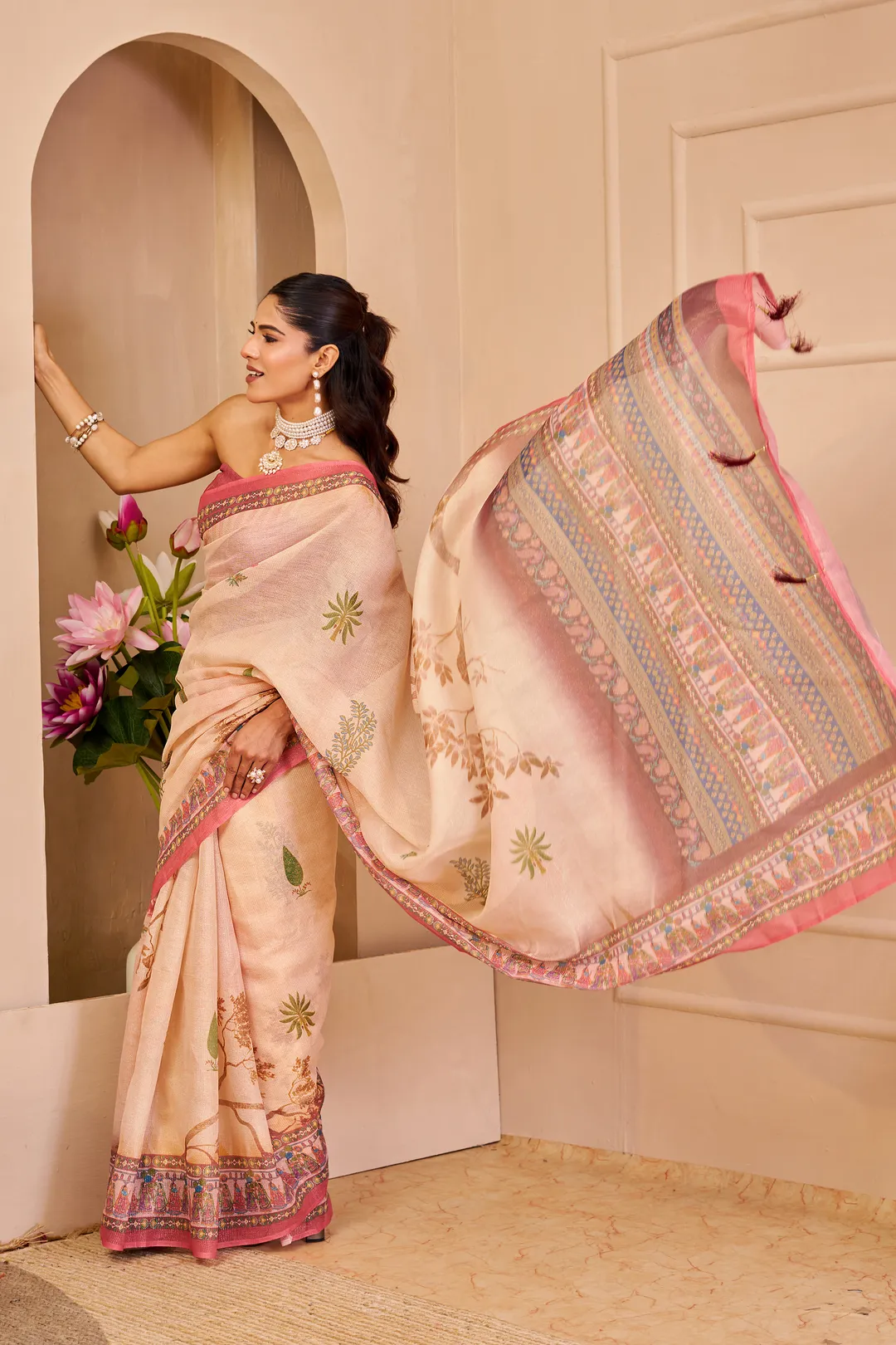 Peach Tissue Cotton Saree with Floral Print and Pink Border