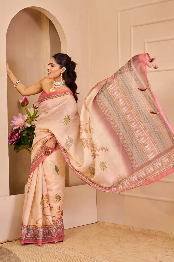 Peach Tissue Cotton Saree with Floral Print and Pink Border