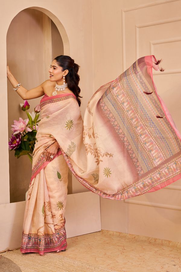Peach Tissue Cotton Saree with Floral Print and Pink Border