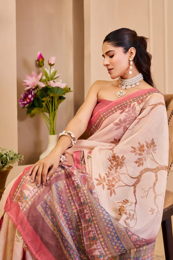 Peach Tissue Cotton Saree with Floral Print and Pink Border