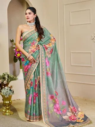 Mint Green Tissue Handloom Saree with Floral Print and Zari