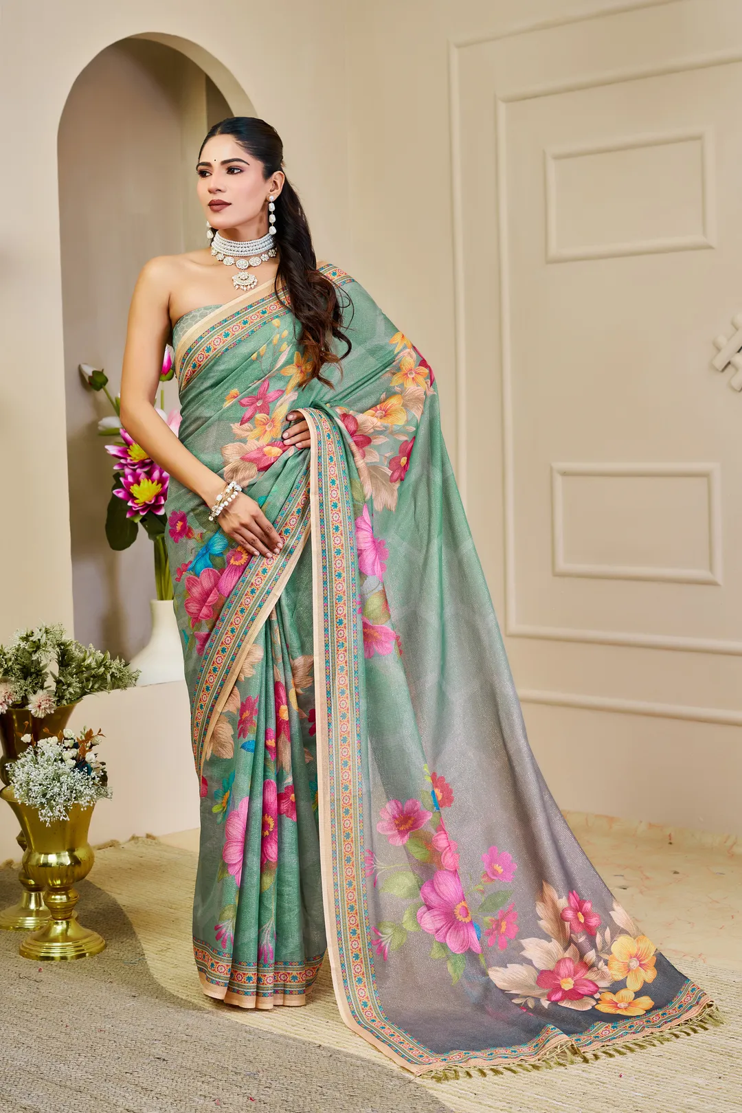 Mint Green Tissue Handloom Saree with Floral Print and Zari