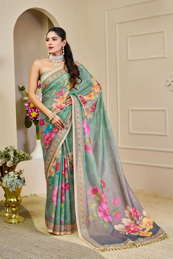 Mint Green Tissue Handloom Saree with Floral Print and Zari