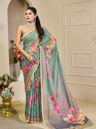 Mint Green Tissue Handloom Saree with Floral Print and Zari