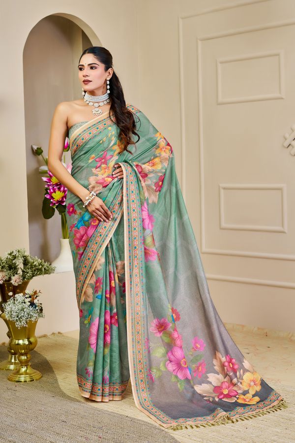 Mint Green Tissue Handloom Saree with Floral Print and Zari