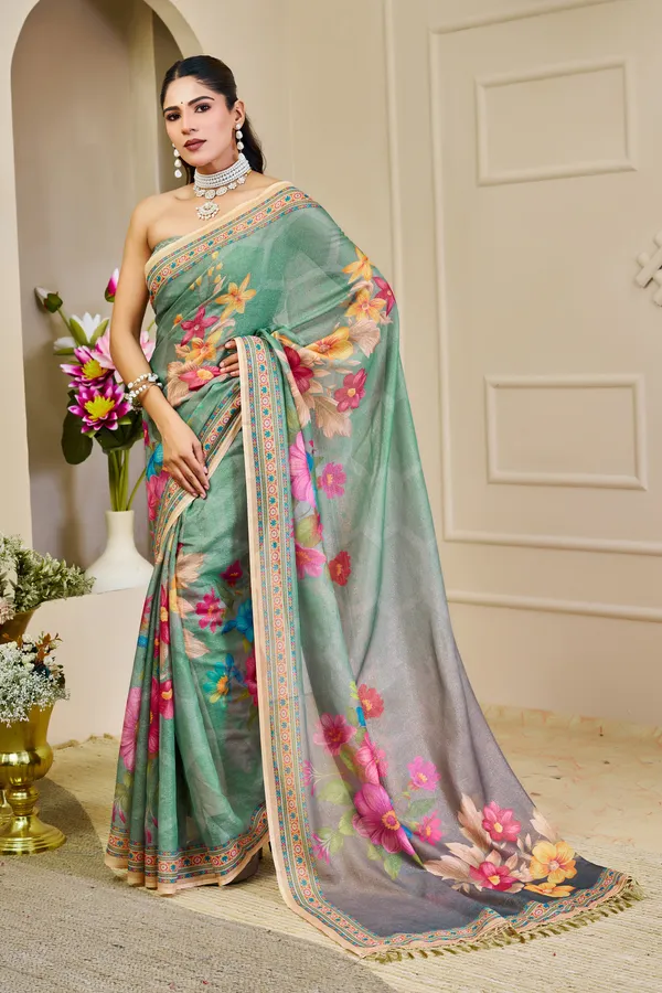 Mint Green Tissue Handloom Saree with Floral Print and Zari