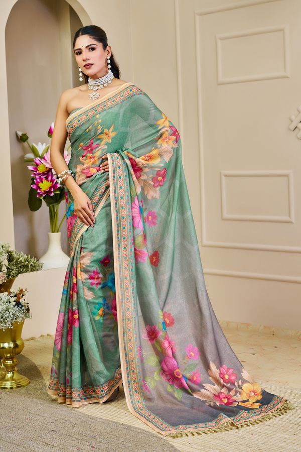 Mint Green Tissue Handloom Saree with Floral Print and Zari