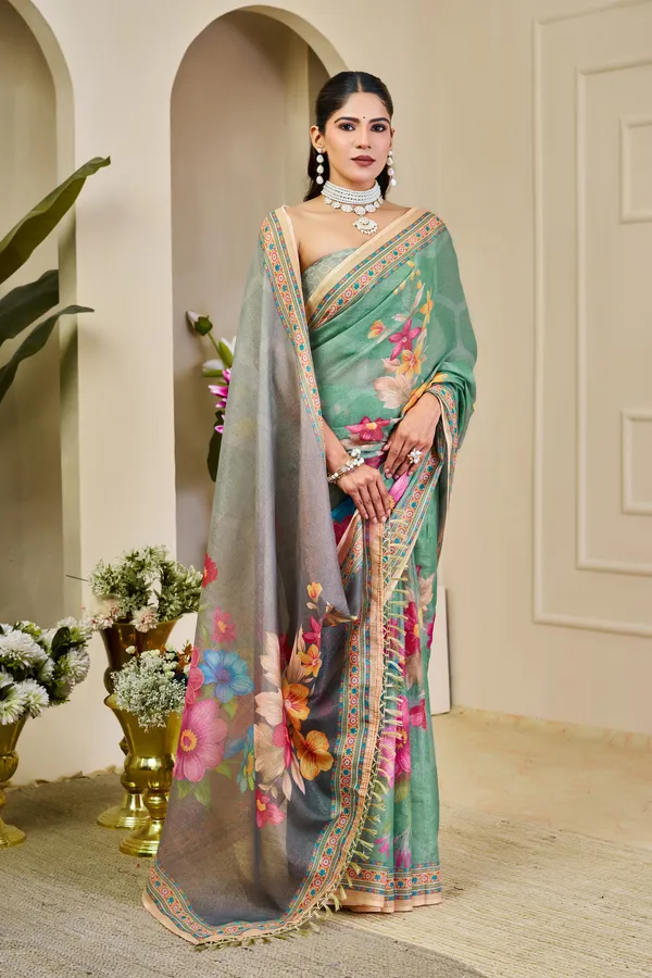 Mint Green Tissue Handloom Saree with Floral Print and Zari