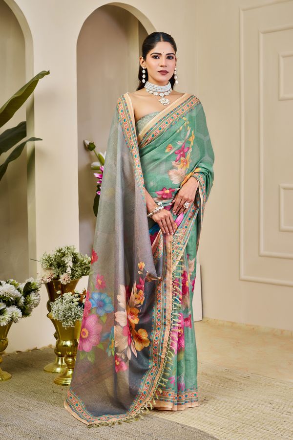 Mint Green Tissue Handloom Saree with Floral Print and Zari