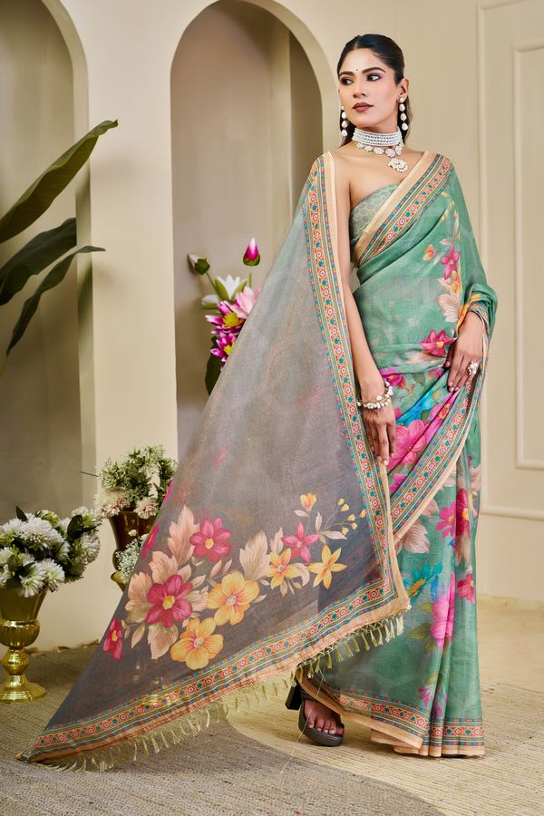 Mint Green Tissue Handloom Saree with Floral Print and Zari