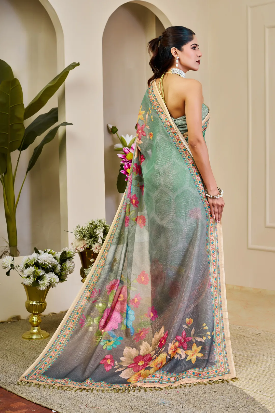 Mint Green Tissue Handloom Saree with Floral Print and Zari