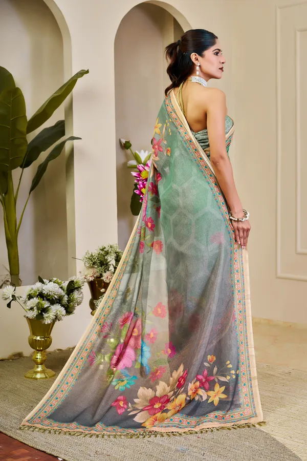 Mint Green Tissue Handloom Saree with Floral Print and Zari
