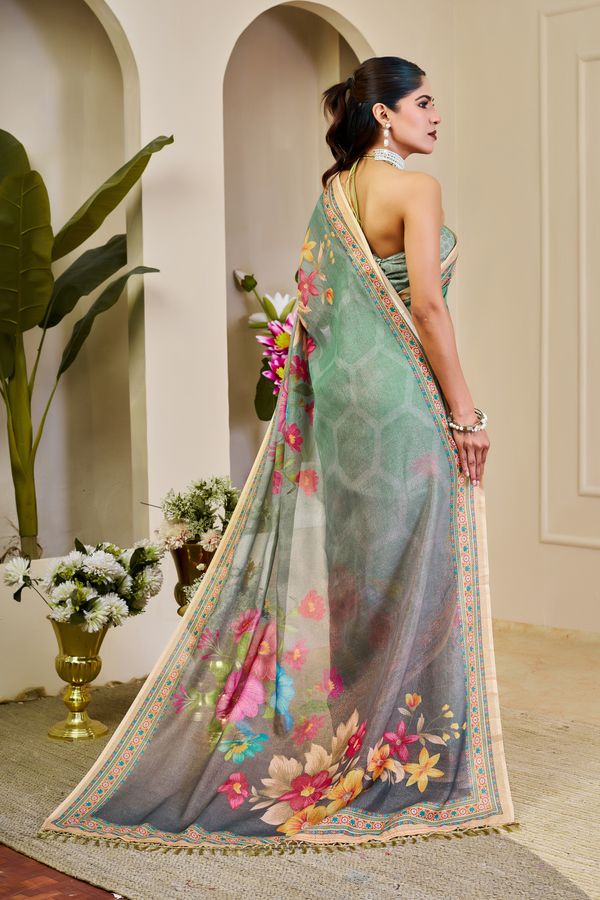 Mint Green Tissue Handloom Saree with Floral Print and Zari