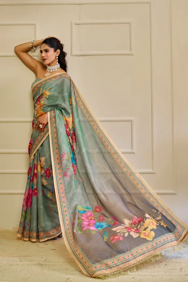 Mint Green Tissue Handloom Saree with Floral Print and Zari