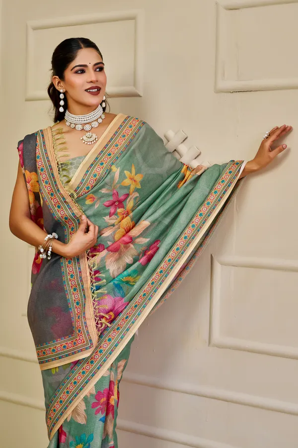 Mint Green Tissue Handloom Saree with Floral Print and Zari