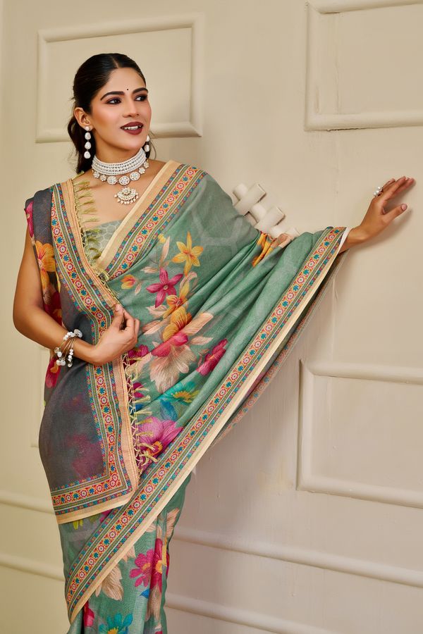 Mint Green Tissue Handloom Saree with Floral Print and Zari