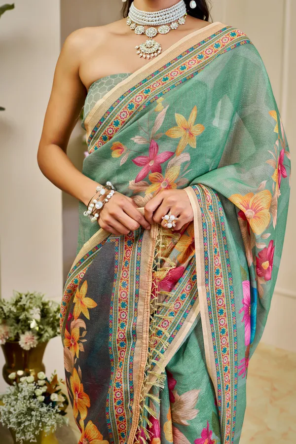 Mint Green Tissue Handloom Saree with Floral Print and Zari