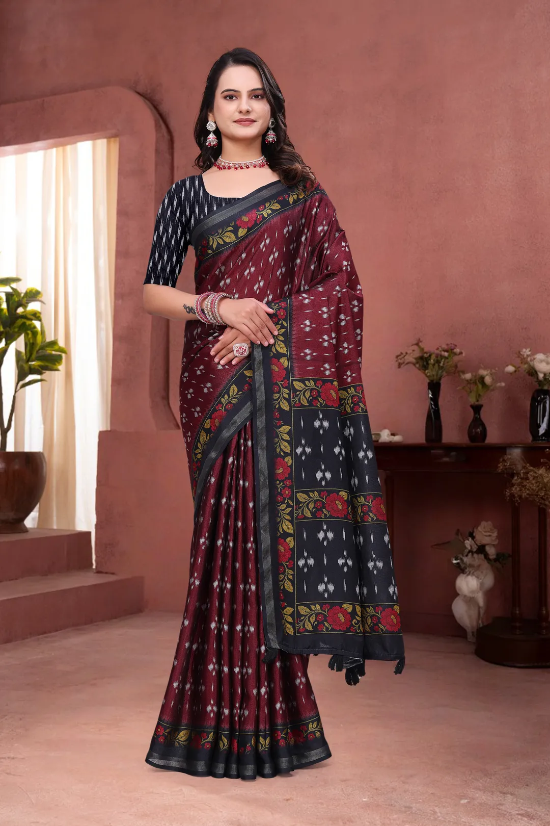Maroon Mal Cotton Ethnic Saree With Blouse from VARNAVI