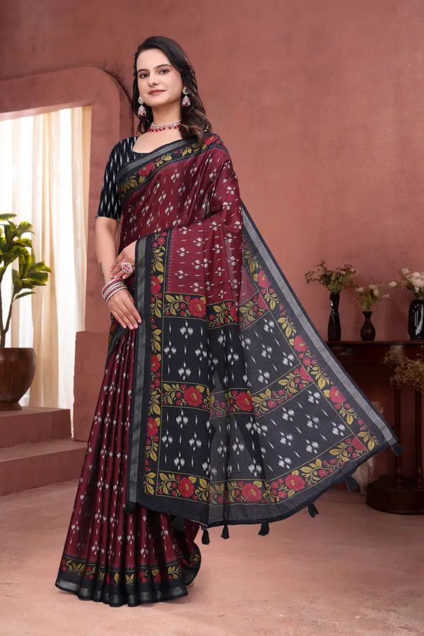 Maroon Mal Cotton Ethnic Saree With Blouse from VARNAVI