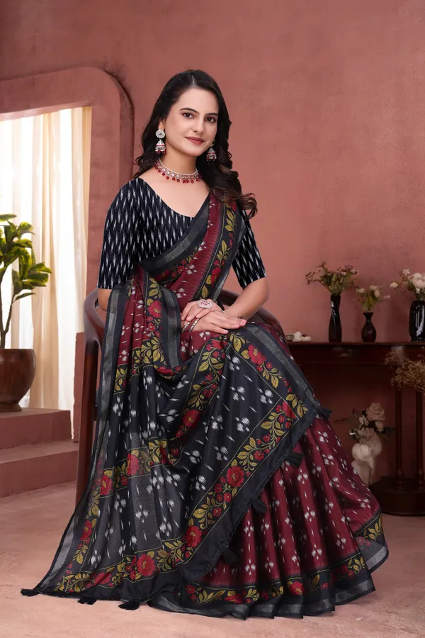 Maroon Mal Cotton Ethnic Saree With Blouse from VARNAVI