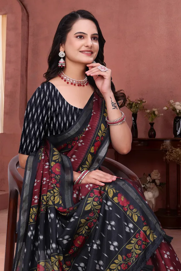 Maroon Mal Cotton Ethnic Saree With Blouse from VARNAVI