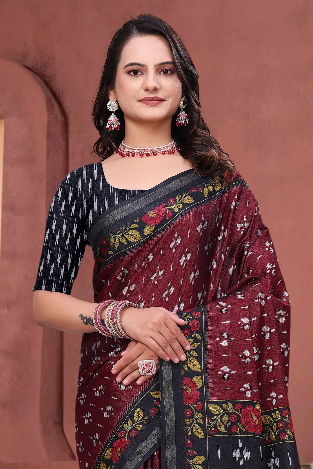 Maroon Mal Cotton Ethnic Saree With Blouse from VARNAVI