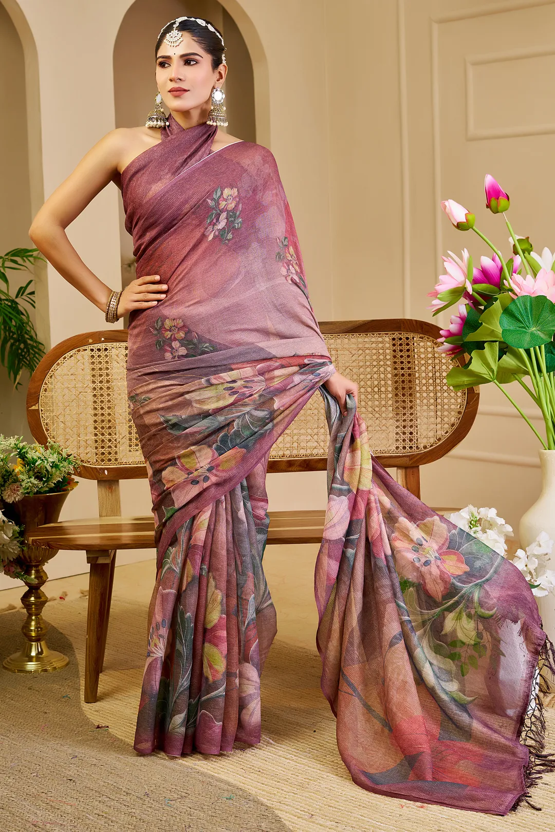 Maroon Tissue Cotton Saree with Floral Print and Zari Work