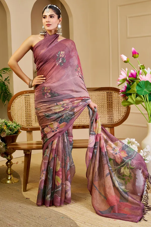 Maroon Tissue Cotton Saree with Floral Print and Zari Work