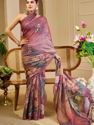 Maroon Tissue Cotton Saree with Floral Print and Zari Work