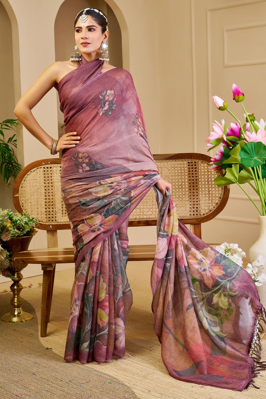 Maroon Tissue Cotton Saree with Floral Print and Zari Work