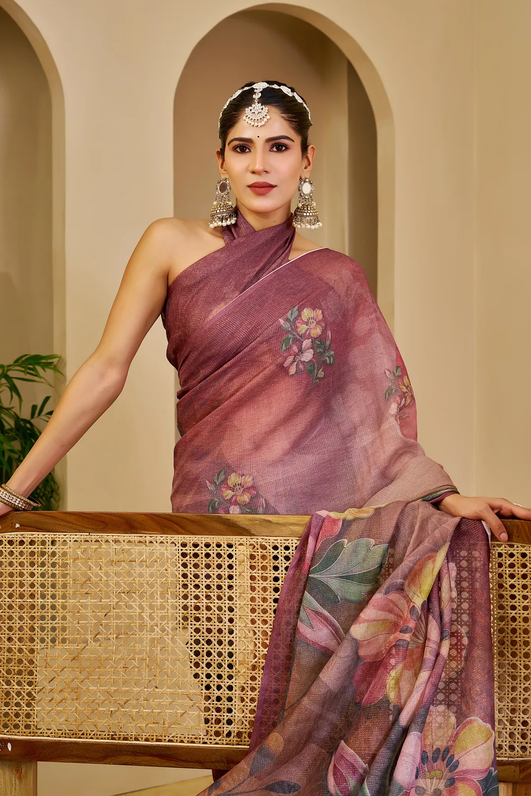 Maroon Tissue Cotton Saree with Floral Print and Zari Work