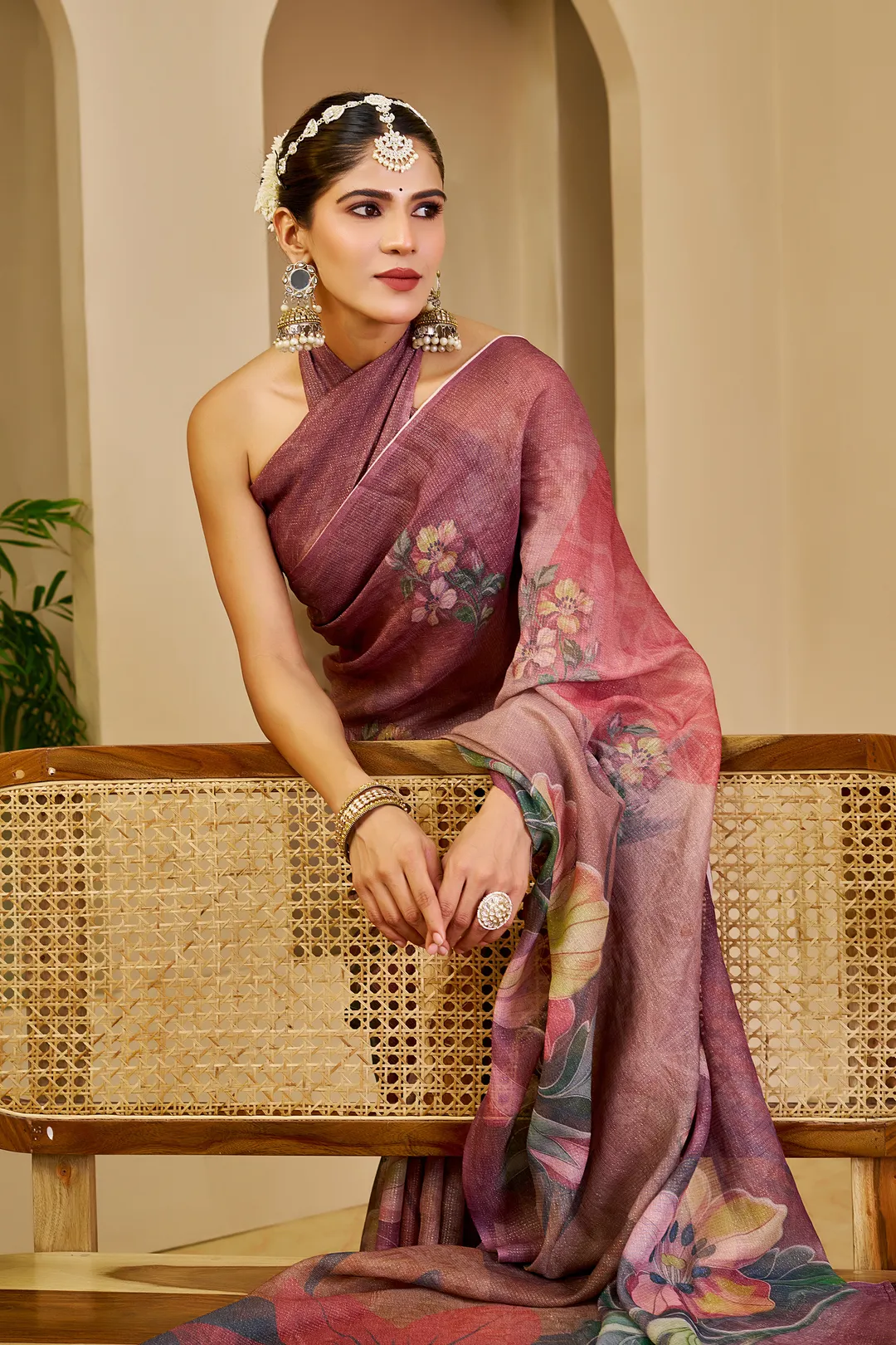 Maroon Tissue Cotton Saree with Floral Print and Zari Work
