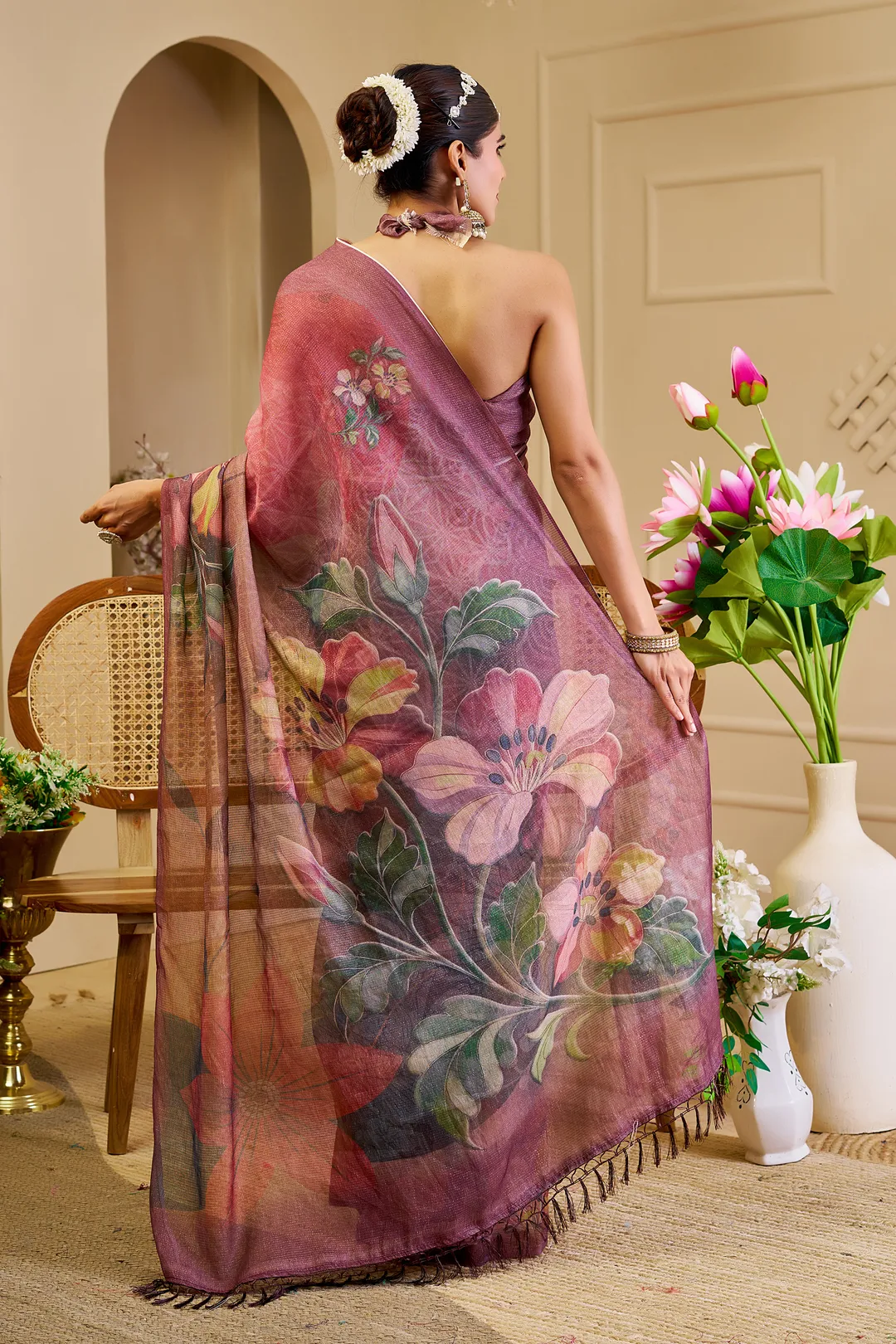 Maroon Tissue Cotton Saree with Floral Print and Zari Work