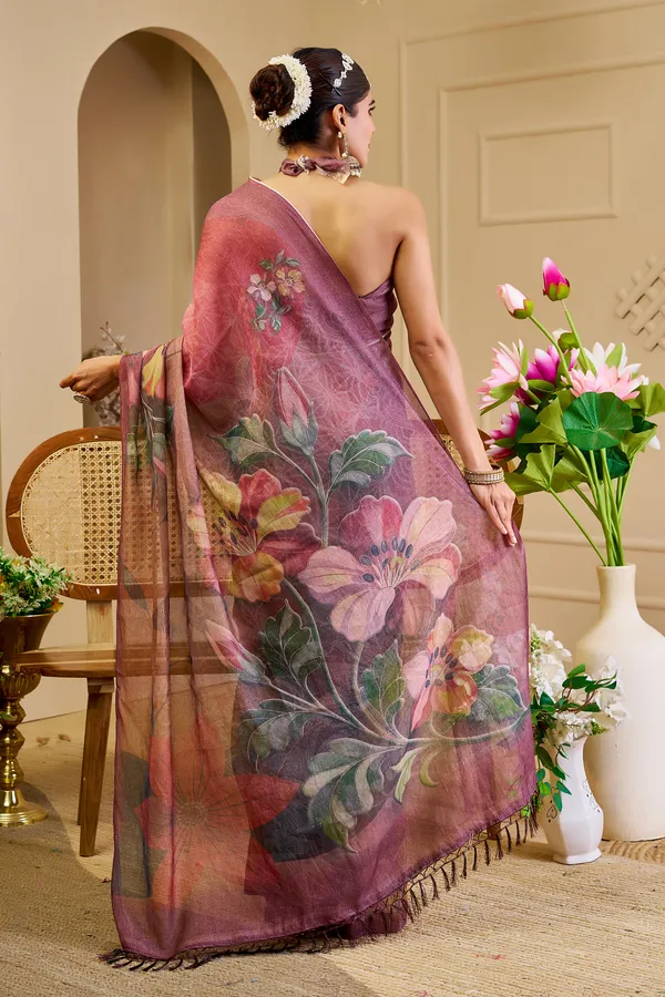 Maroon Tissue Cotton Saree with Floral Print and Zari Work