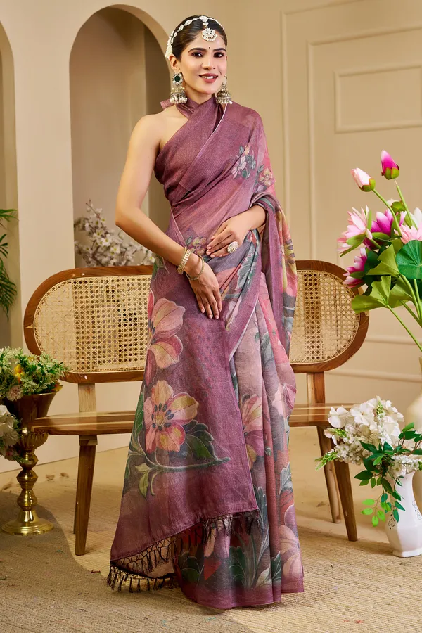 Maroon Tissue Cotton Saree with Floral Print and Zari Work