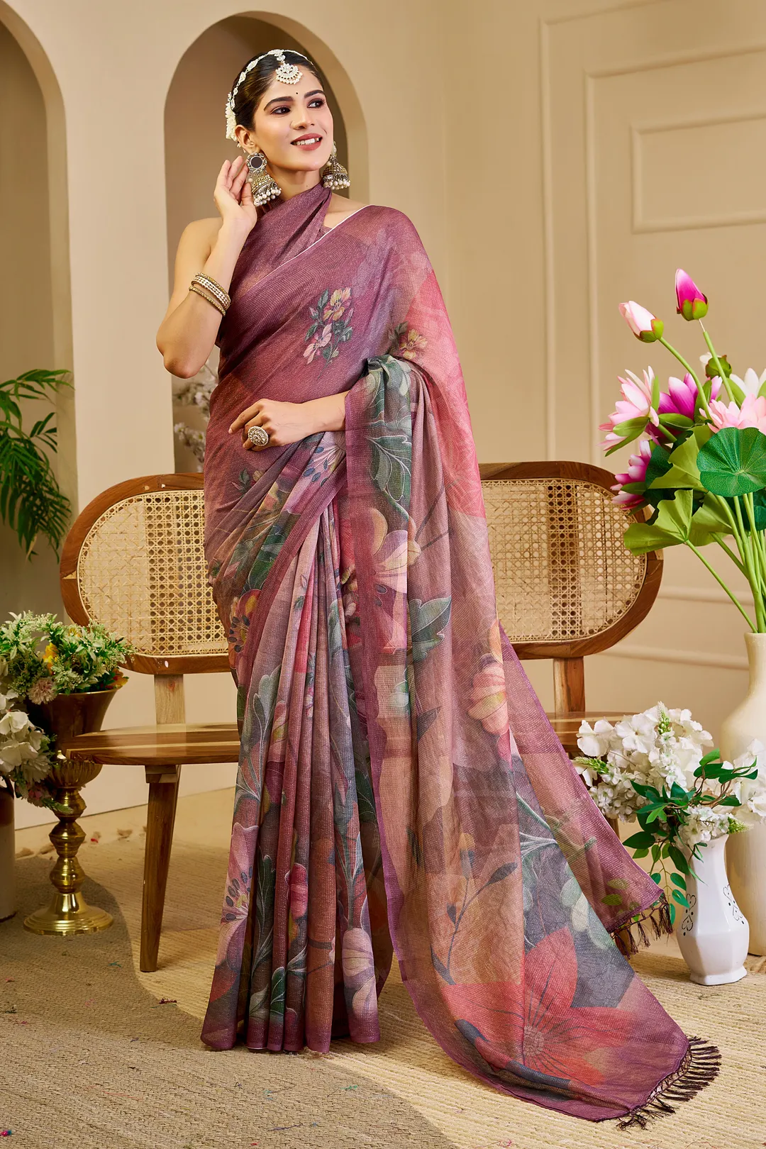 Maroon Tissue Cotton Saree with Floral Print and Zari Work