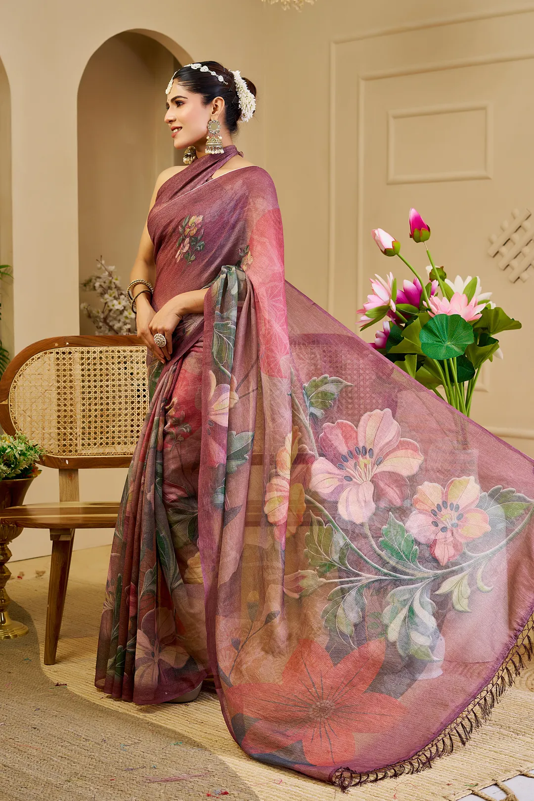 Maroon Tissue Cotton Saree with Floral Print and Zari Work
