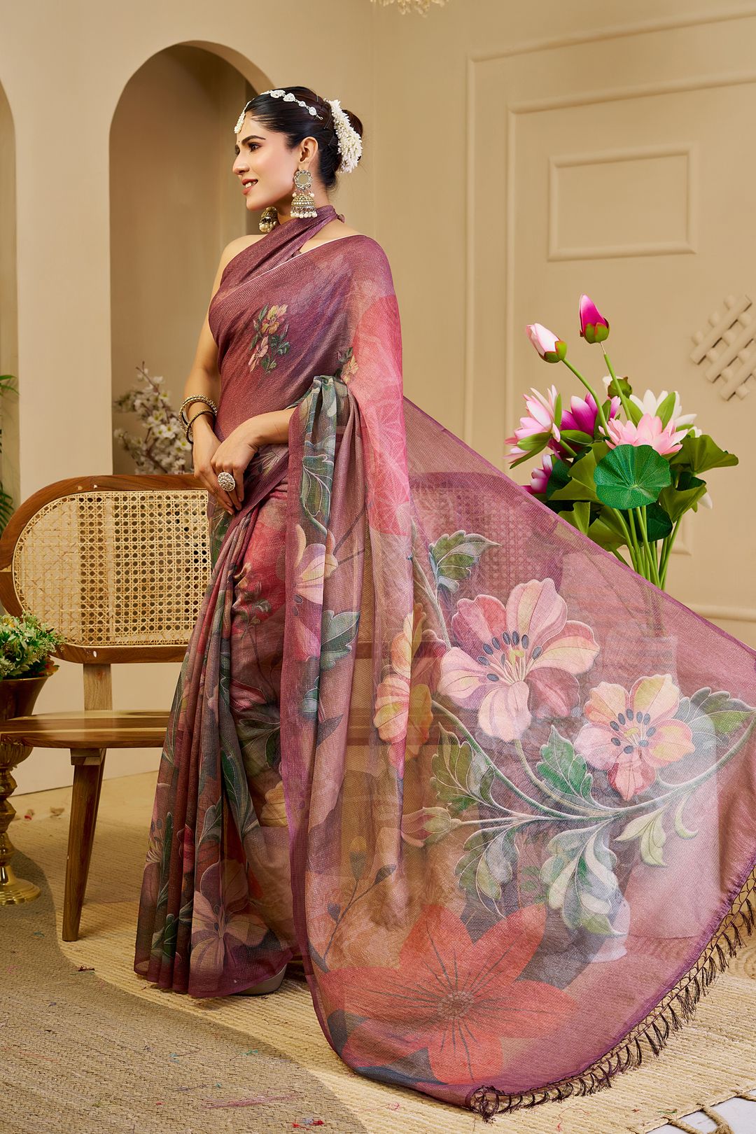 Maroon Tissue Cotton Saree with Floral Print and Zari Work