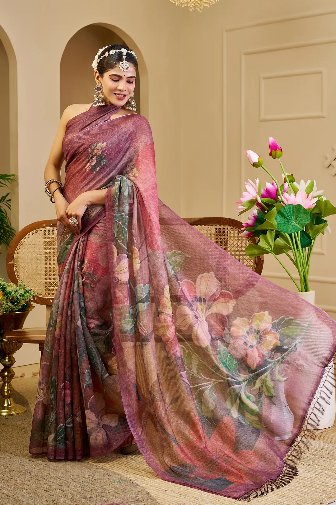 Maroon Tissue Cotton Saree with Floral Print and Zari Work