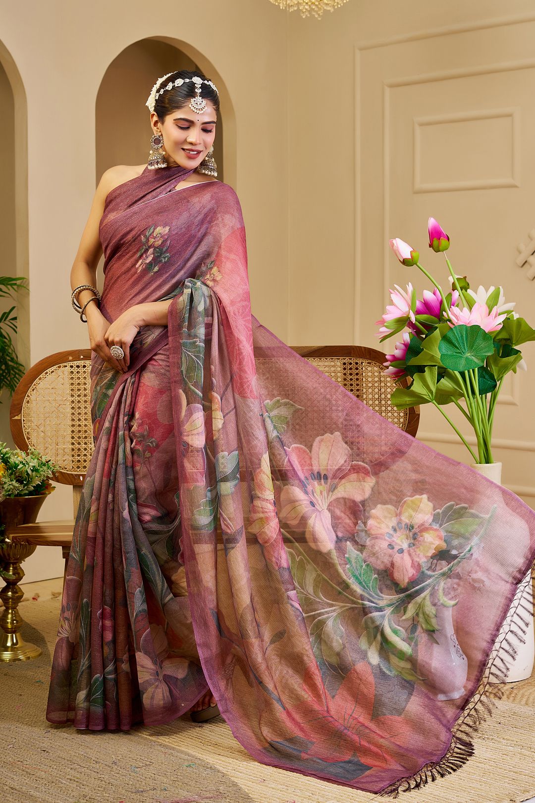 Maroon Tissue Cotton Saree with Floral Print and Zari Work