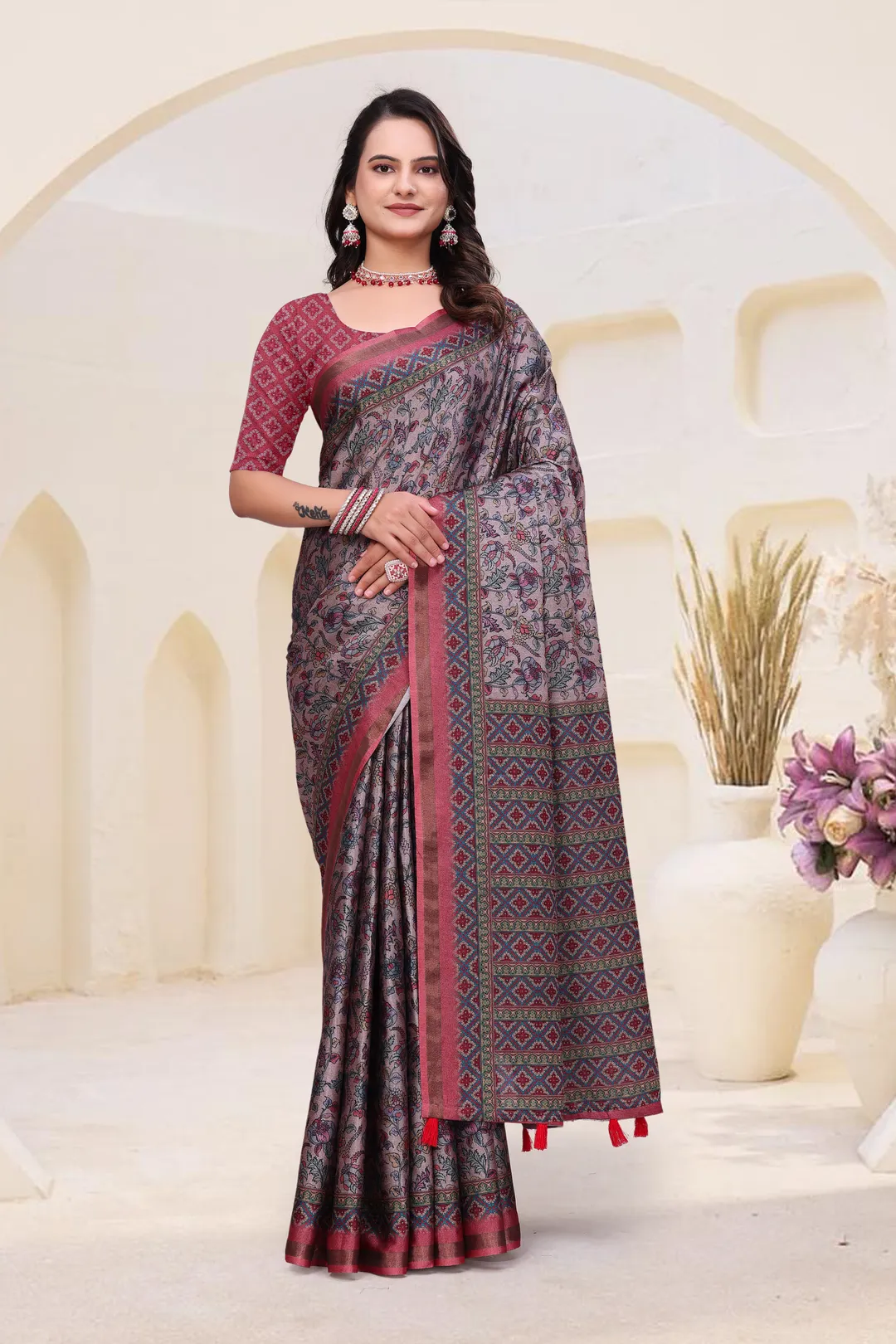 `Rose Grey Mal Cotton Floral Saree With Blouse - VARNAVI