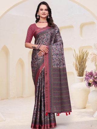`Rose Grey Mal Cotton Floral Saree With Blouse - VARNAVI