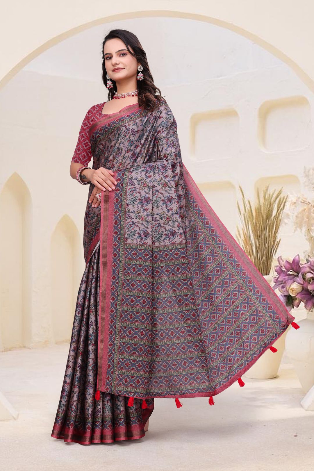 `Rose Grey Mal Cotton Floral Saree With Blouse - VARNAVI