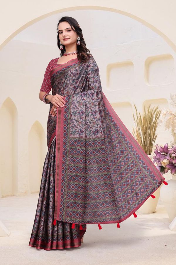 `Rose Grey Mal Cotton Floral Saree With Blouse - VARNAVI