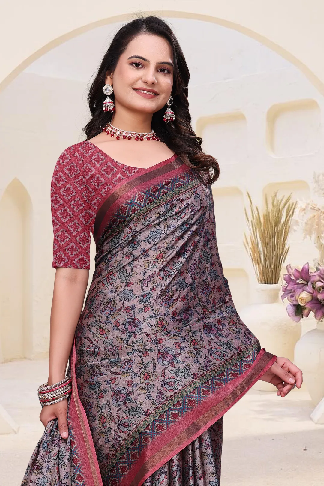 `Rose Grey Mal Cotton Floral Saree With Blouse - VARNAVI