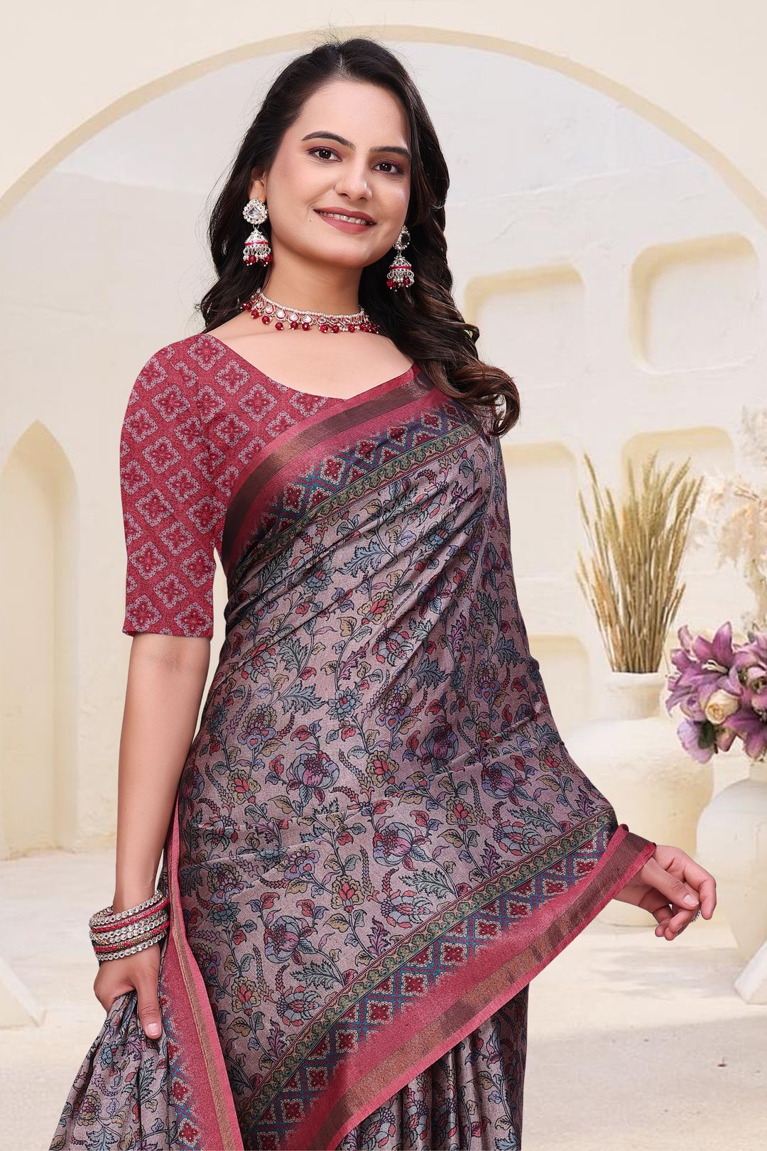 `Rose Grey Mal Cotton Floral Saree With Blouse - VARNAVI
