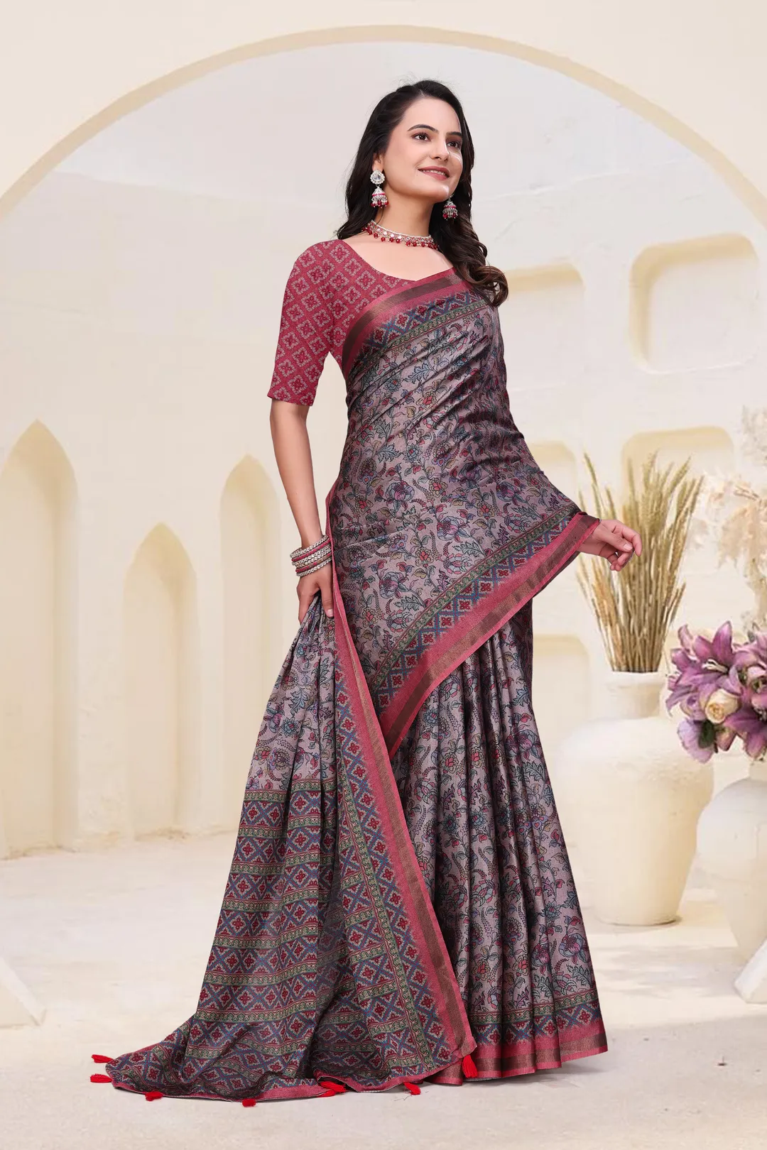 `Rose Grey Mal Cotton Floral Saree With Blouse - VARNAVI
