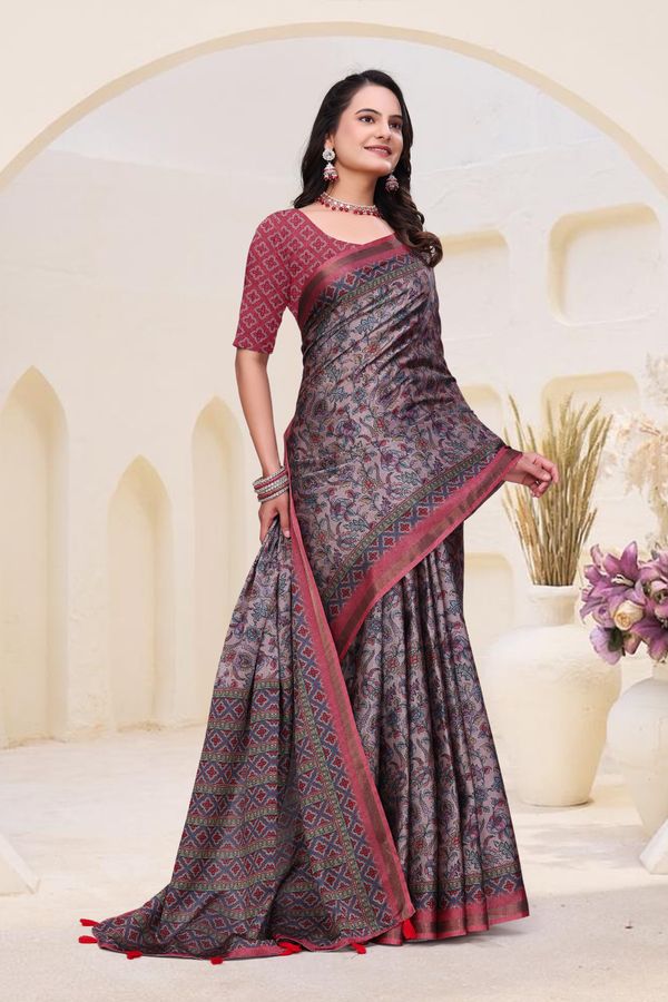 `Rose Grey Mal Cotton Floral Saree With Blouse - VARNAVI