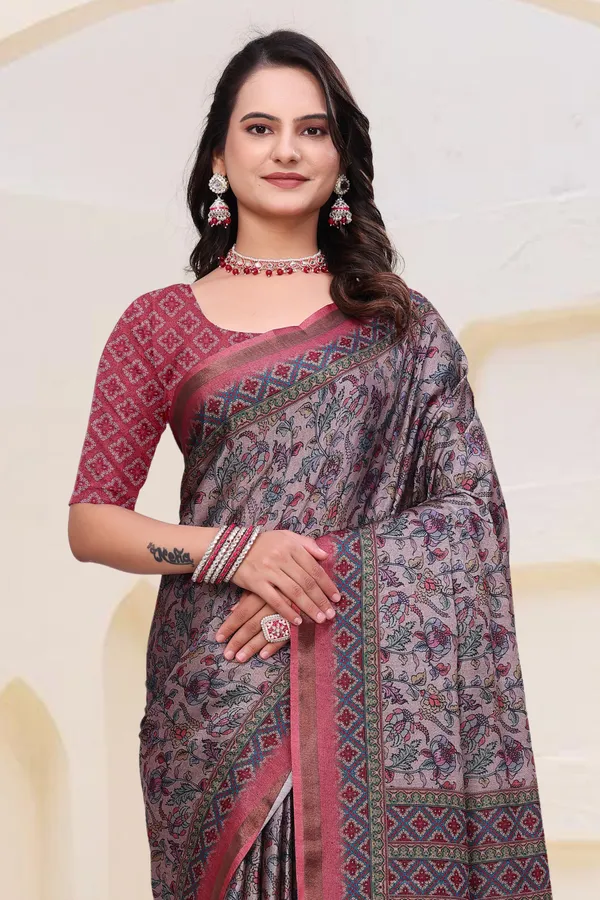 `Rose Grey Mal Cotton Floral Saree With Blouse - VARNAVI