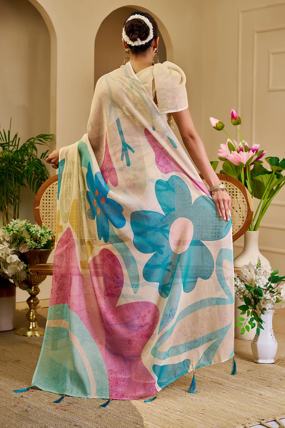 Cream Floral Tissue Cotton Saree with Zari Work and Tassels